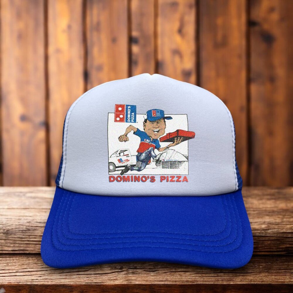 Dominos Pizza Mens Trucker Hat Blue Snapback Retro 80s Cartoon Baseball Cap